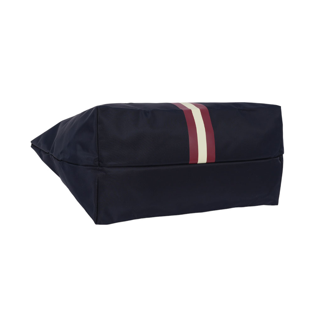 【BALLY】經典紅白條紋可折疊尼龍大款托特包(附收納袋)(墨藍色)6223251 001