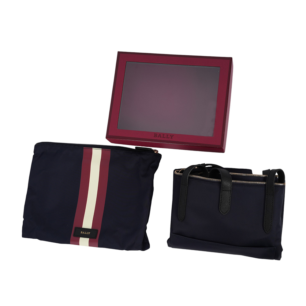 【BALLY】經典紅白條紋可折疊尼龍大款托特包(附收納袋)(墨藍色)6223251 001