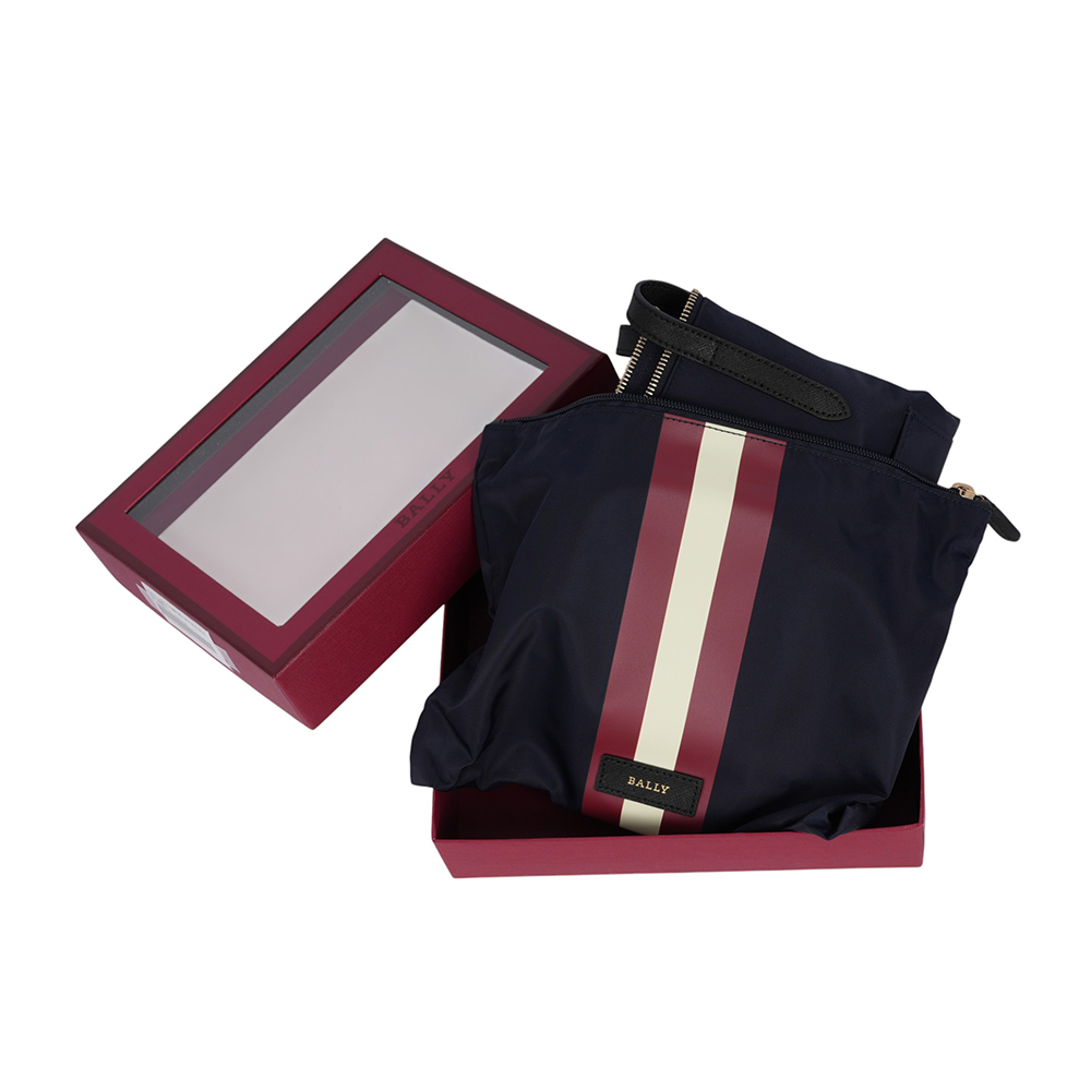 【BALLY】經典紅白條紋可折疊尼龍大款托特包(附收納袋)(墨藍色)6223251 001