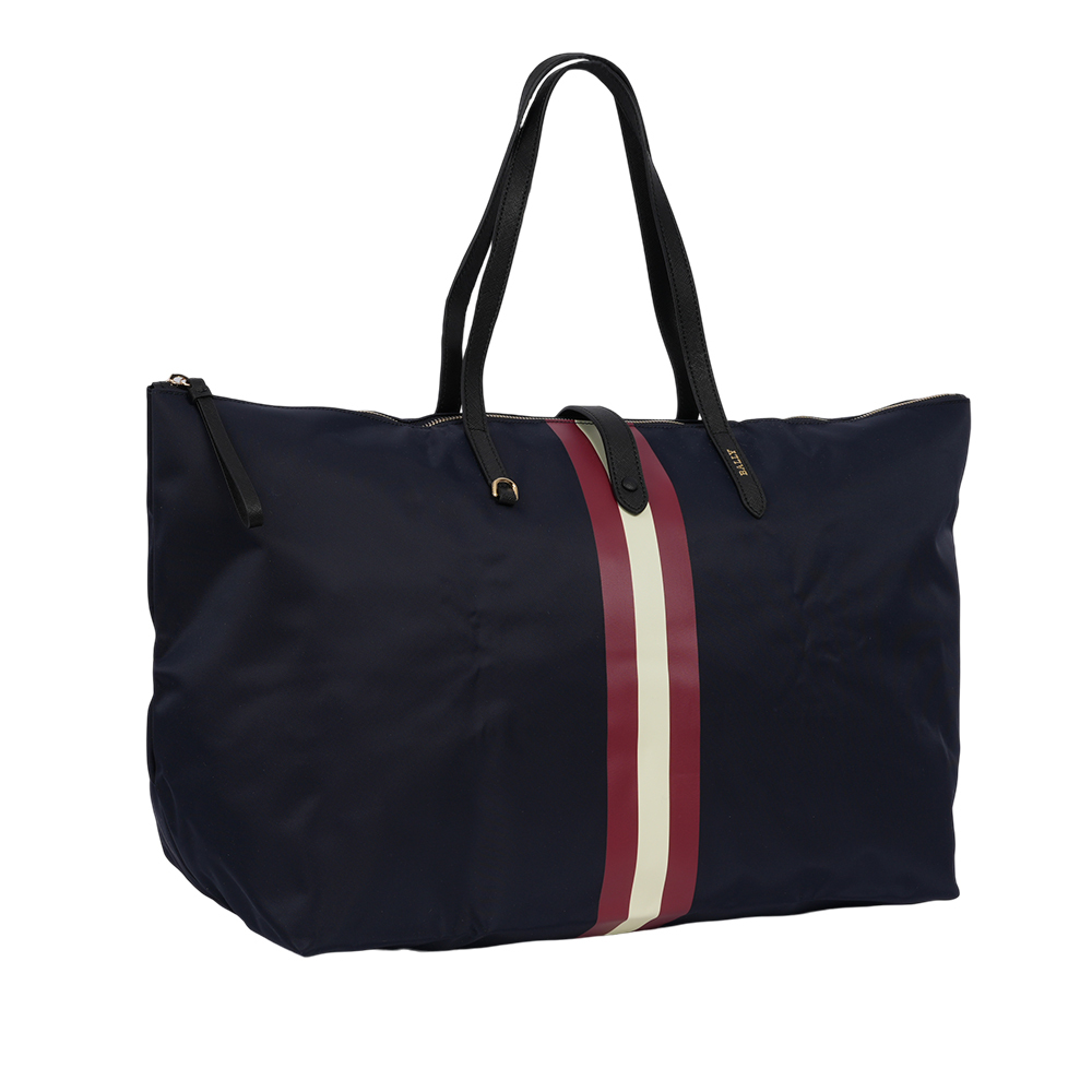 【BALLY】經典紅白條紋可折疊尼龍大款托特包(附收納袋)(墨藍色)6223251 001