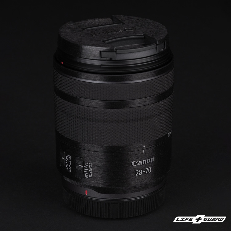 LIFE+GUARD Canon RF 28-70mm F2.8 鏡頭貼膜側面展示圖，LIFE+GUARD 風格設計