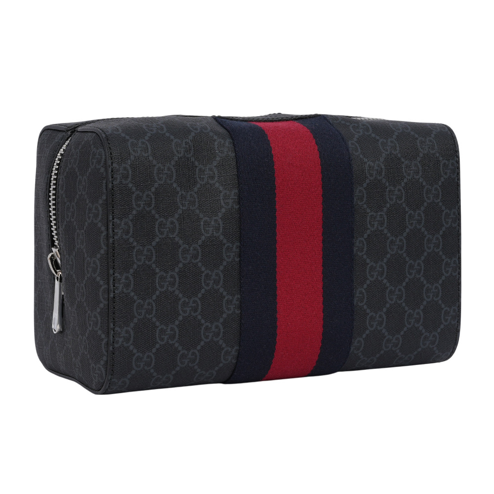 【GUCCI】GG Supreme 帆布藍紅織帶方形手拿包