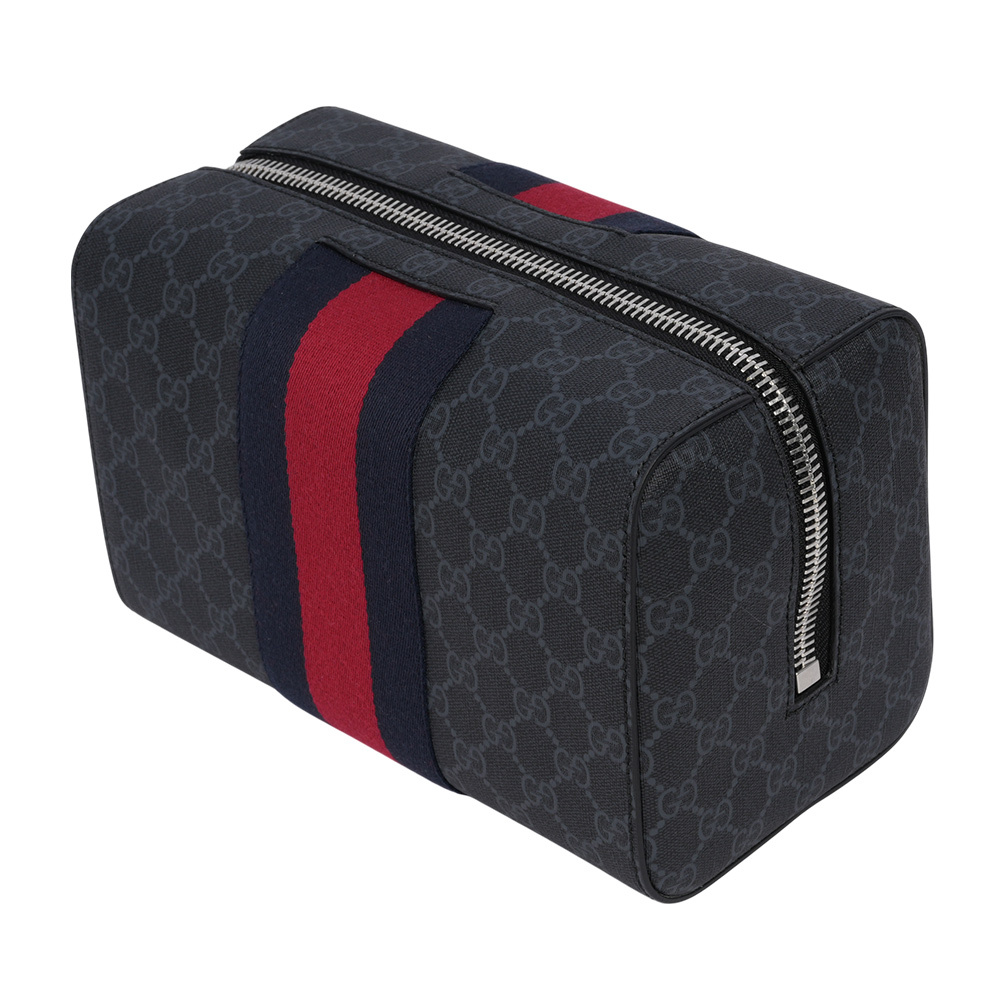 【GUCCI】GG Supreme 帆布藍紅織帶方形手拿包(黑灰色)495561 9F2YN 1095