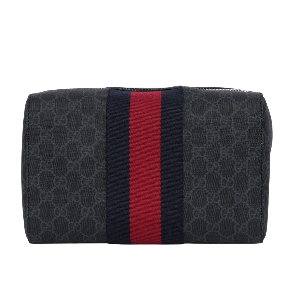 【GUCCI】GG Supreme 帆布藍紅織帶方形手拿包(黑灰色)495561 9F2YN 1095