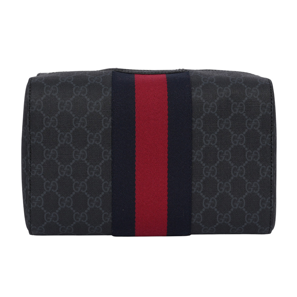 【GUCCI】GG Supreme 帆布藍紅織帶方形手拿包(黑灰色)495561 9F2YN 1095