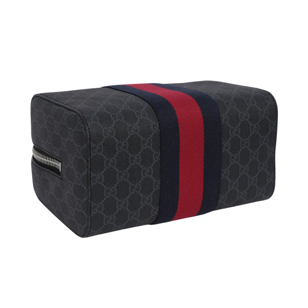 【GUCCI】GG Supreme 帆布藍紅織帶方形手拿包(黑灰色)495561 9F2YN 1095