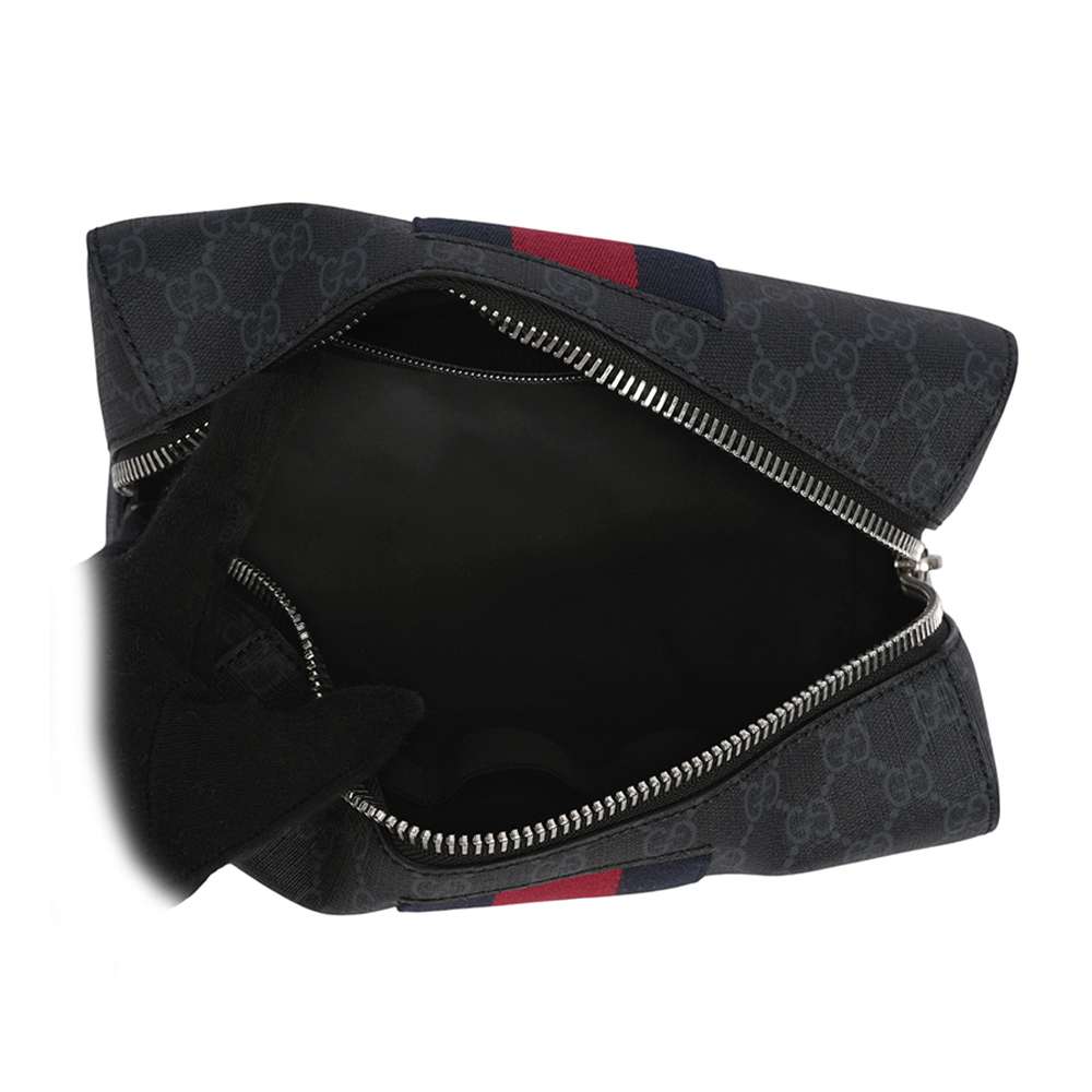 【GUCCI】GG Supreme 帆布藍紅織帶方形手拿包(黑灰色)495561 9F2YN 1095