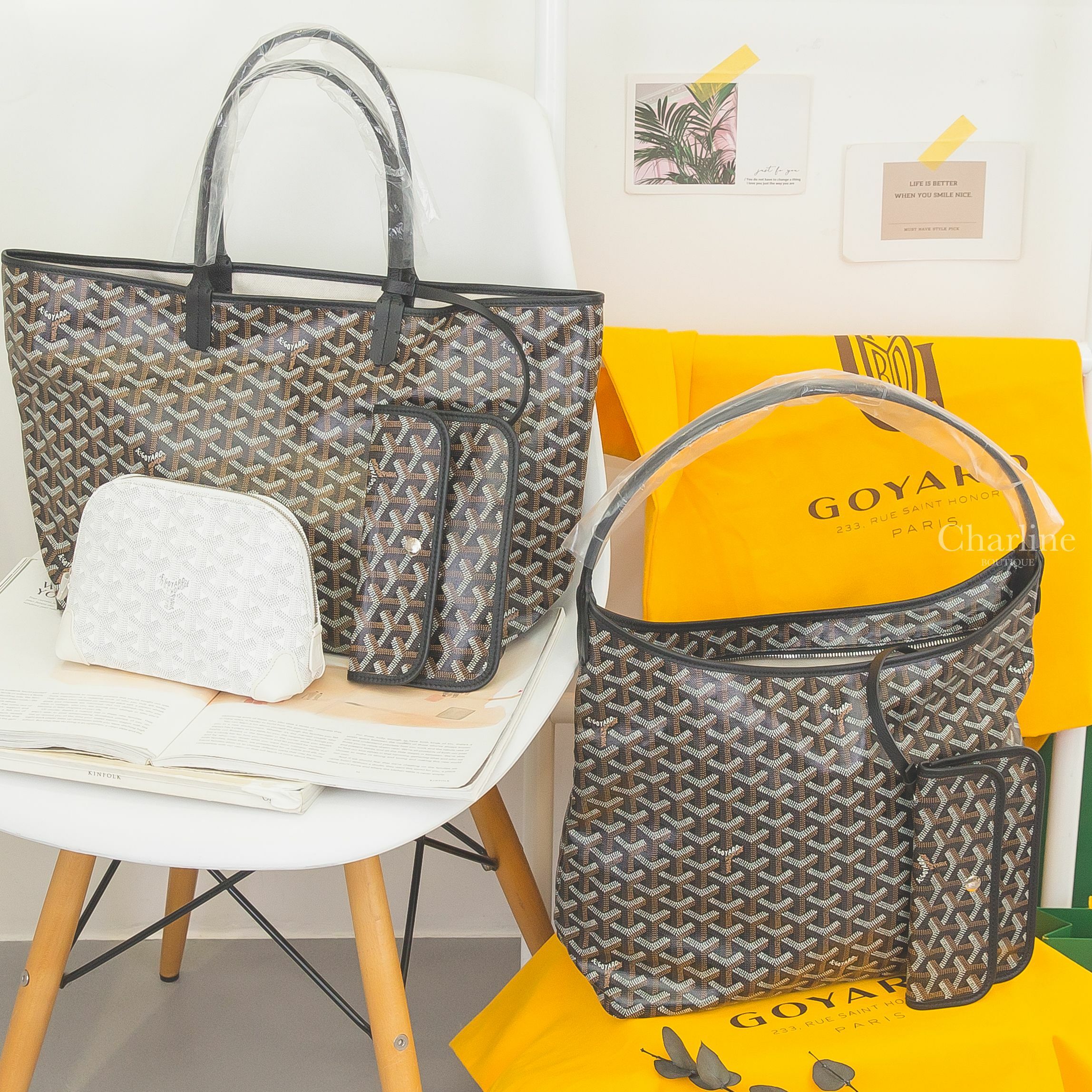 Goyard 白色帆布小牛皮拉鍊化妝包,Goyard 黑色帆布小牛皮同色提把小型無拉鍊托特包,Goyard 黑色帆布小牛皮同色提把手提肩背包-Charline Boutique 精品代購