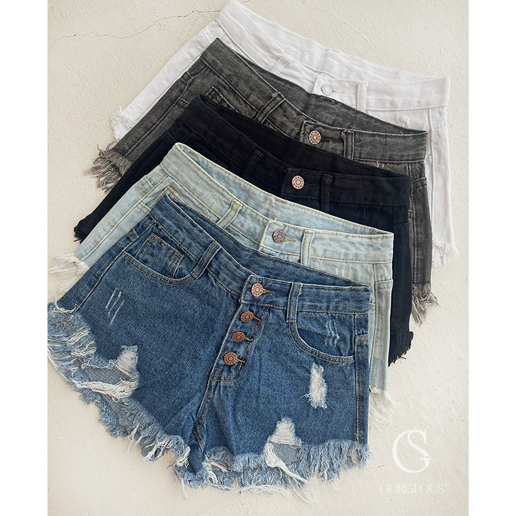 AP80 現貨「四排釦抽鬚刷破牛仔短褲」