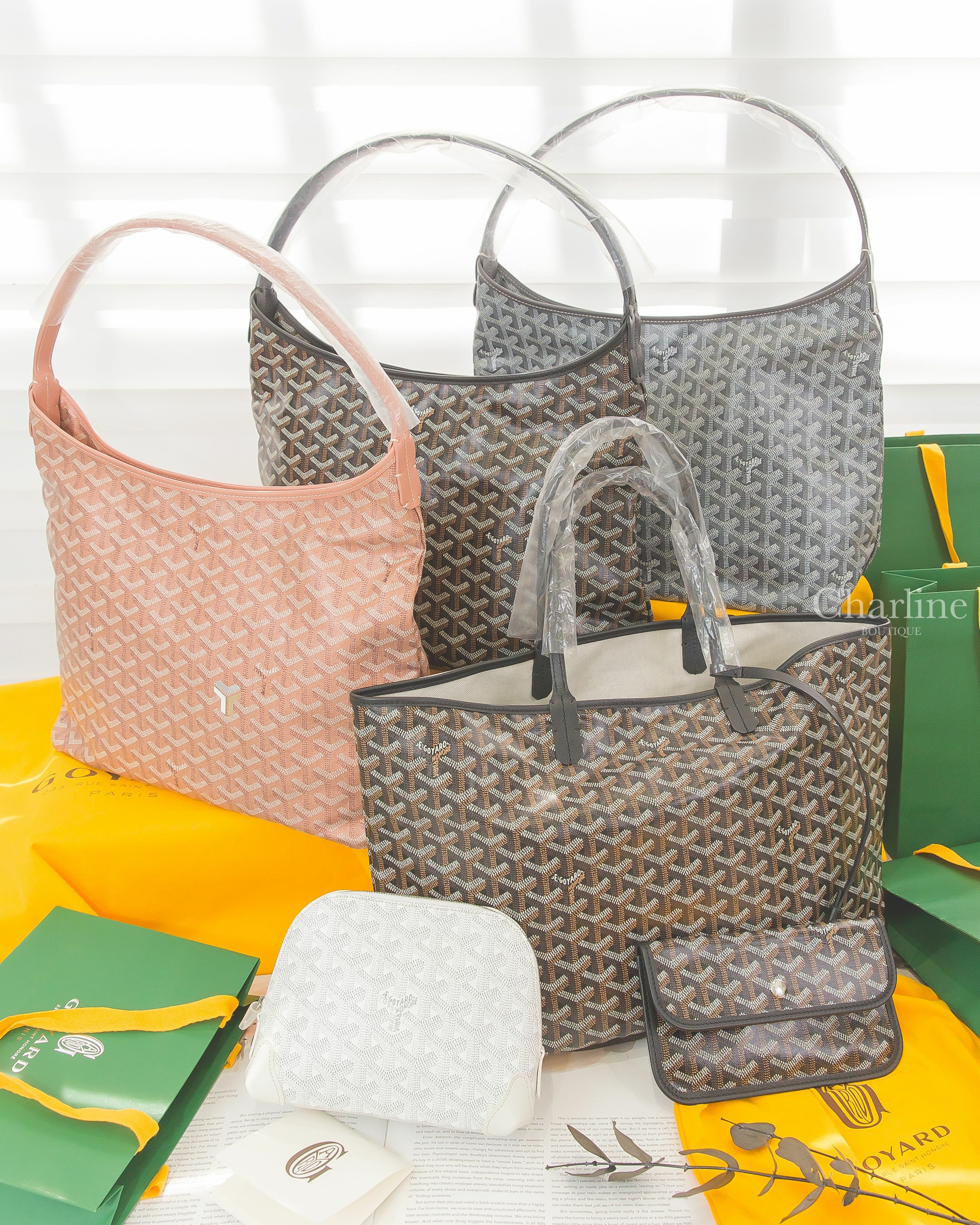 Goyard 白色化妝包,Goyard Saint Louis 黑色小型無拉鍊托特包,Goyard Hobo 黑色肩背包,Goyard Hobo灰色肩背包,Goyard Hobo珠光粉肩背包-Charline Boutique 精品代購