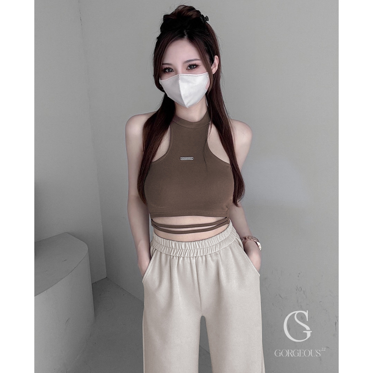 G9463 現貨「 品牌削肩繞脖BAR TOP」