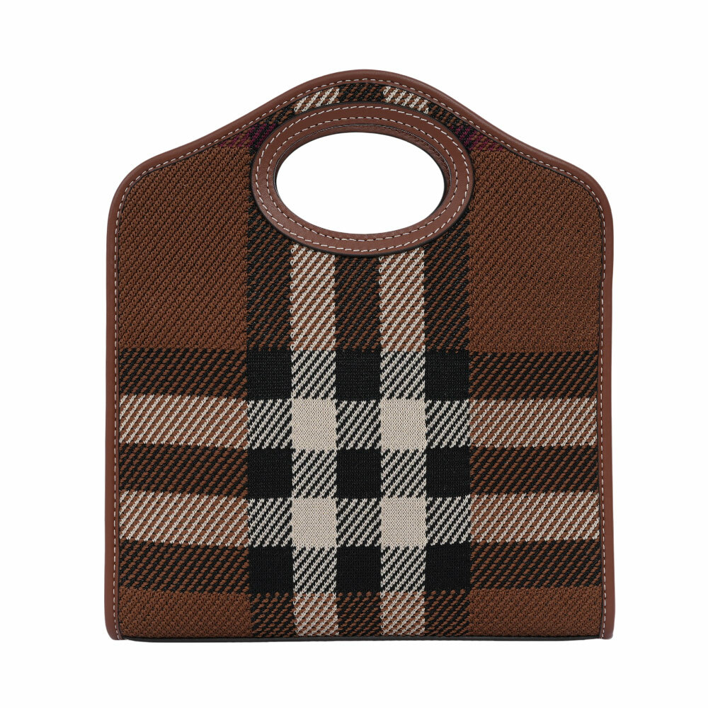 【BURBERRY】針織拼皮革手提/斜背口袋包(Mini)(暗樺木棕色)80491381
