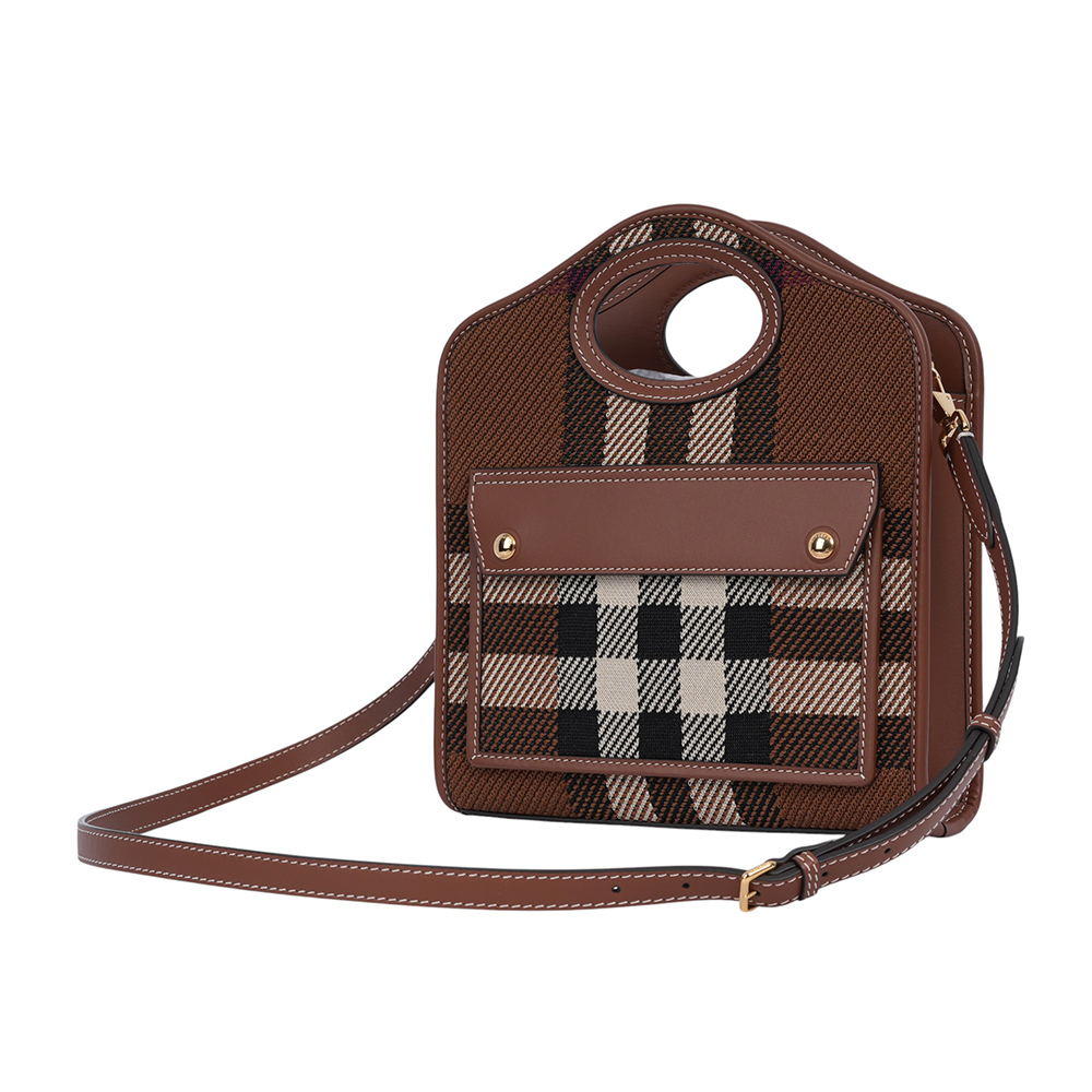 【BURBERRY】針織拼皮革手提/斜背口袋包(Mini)(暗樺木棕色)80491381