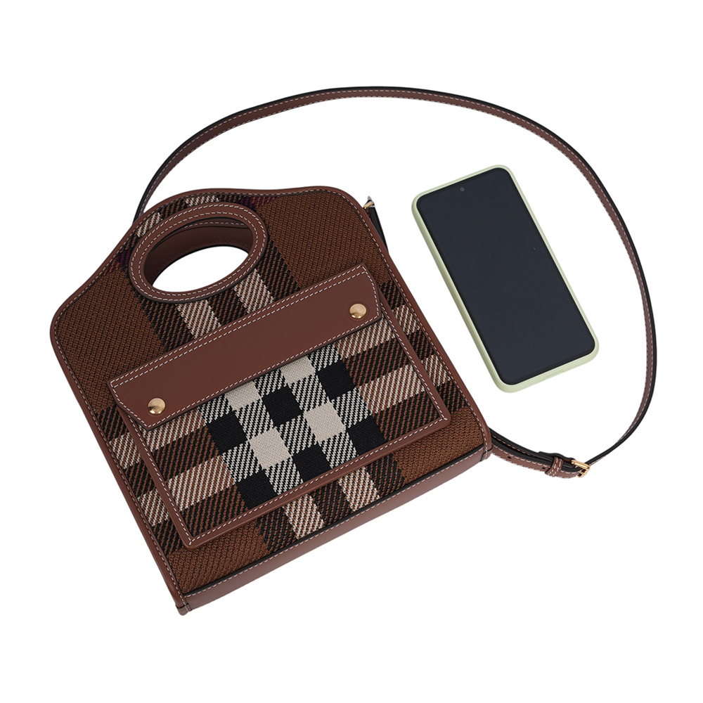 【BURBERRY】針織拼皮革手提/斜背口袋包(Mini)(暗樺木棕色)80491381