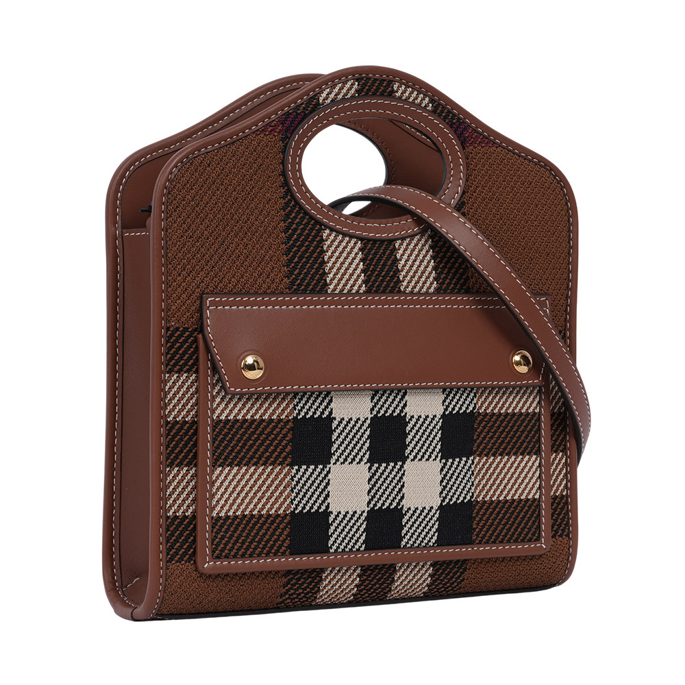 【BURBERRY】針織拼皮革手提/斜背口袋包(Mini)(暗樺木棕色)80491381