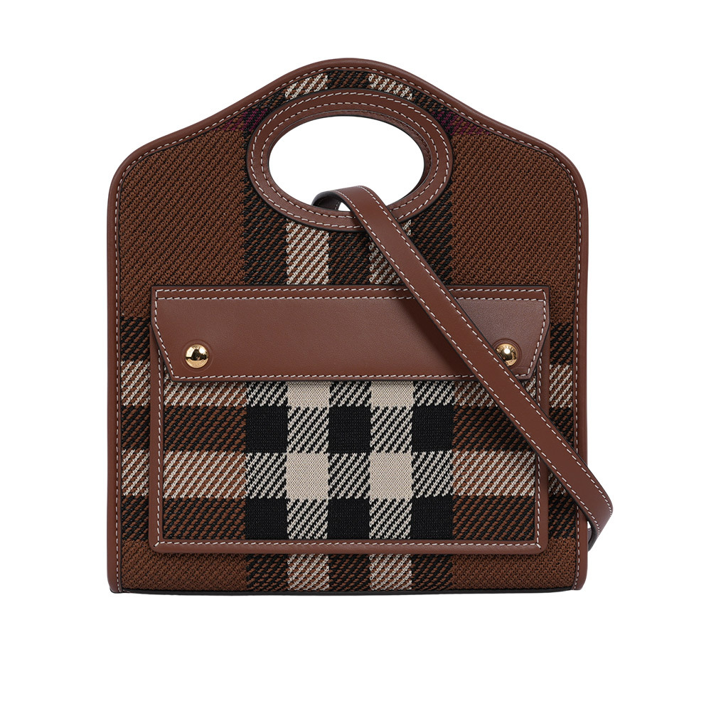 【BURBERRY】針織拼皮革手提/斜背口袋包(Mini)(暗樺木棕色)80491381