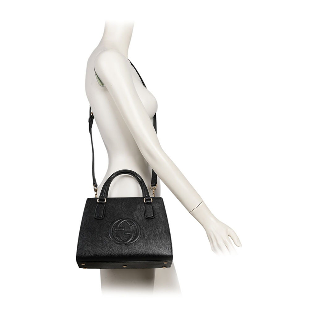 【GUCCI】SOHO 系列牛皮拉鍊小款二用托特包(黑色)607722 CAO0G 1000