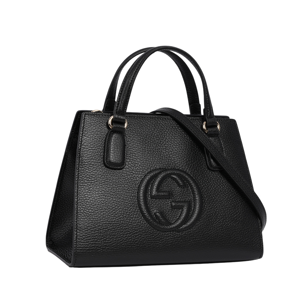 【GUCCI】SOHO 系列牛皮拉鍊小款二用托特包(黑色)607722 CAO0G 1000