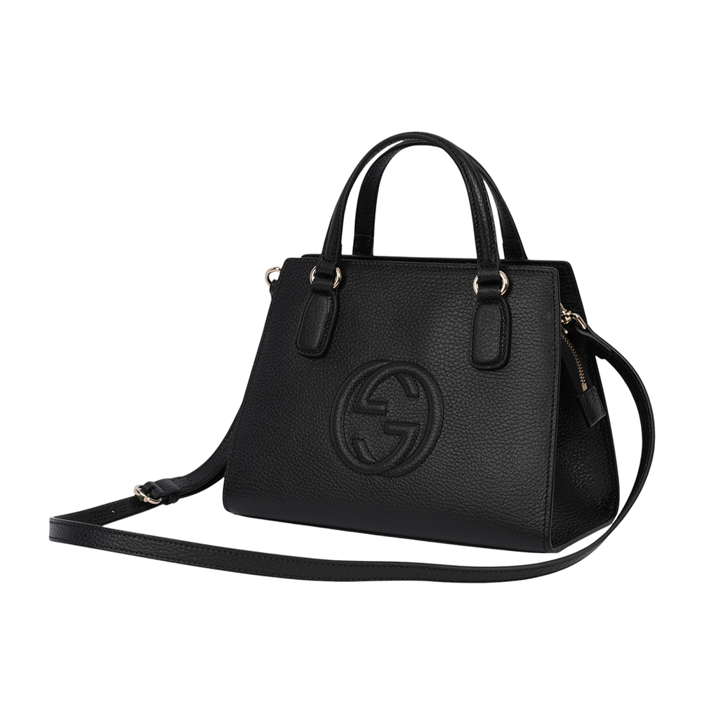 【GUCCI】SOHO 系列牛皮拉鍊小款二用托特包(黑色)607722 CAO0G 1000