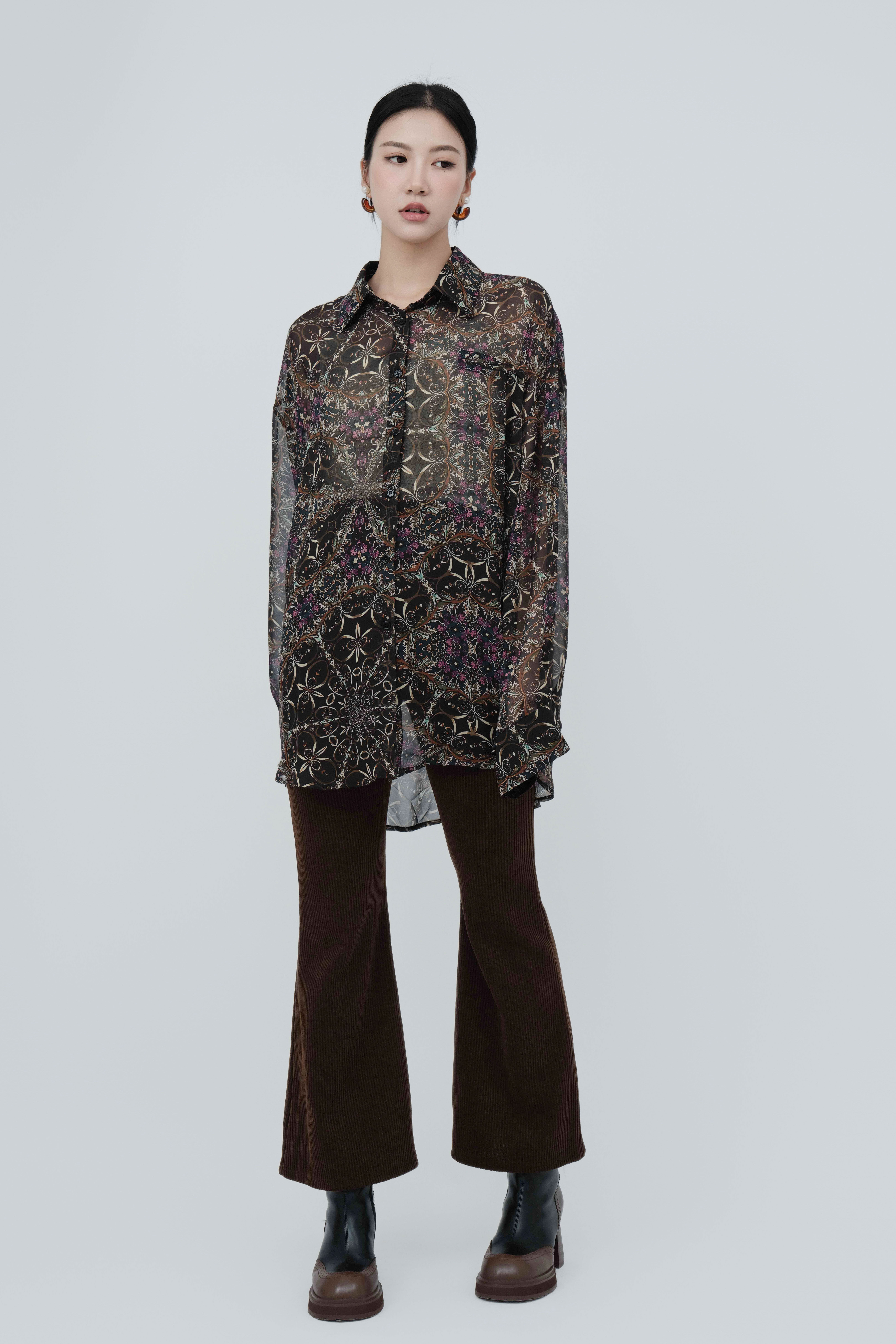 復古花雪紡大恤衫（現貨款式）