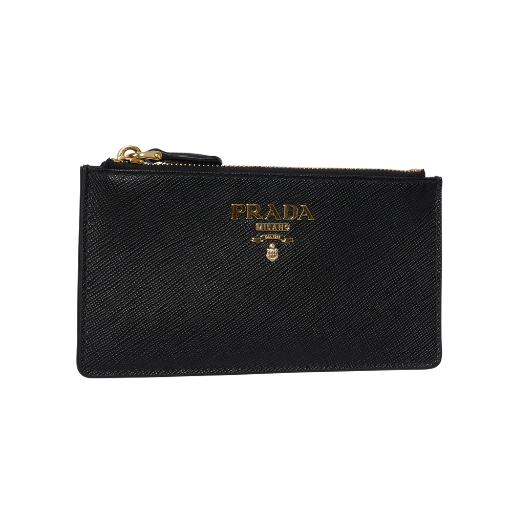 【Prada】金色浮雕Logo 防刮皮革拉鍊卡片夾/零錢包