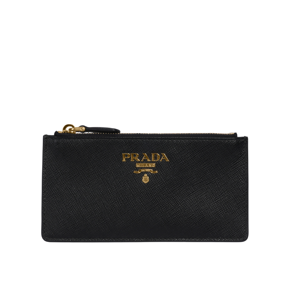 【Prada】金色浮雕Logo 防刮皮革拉鍊卡片夾/零錢包