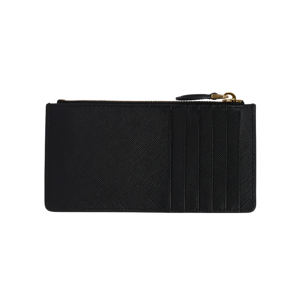【PRADA】金色浮雕Logo 防刮皮革拉鍊卡片夾/零錢包(黑色)1MC054 QWA F0002