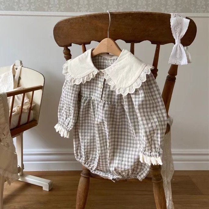 雙線格紋花邊包屁衣