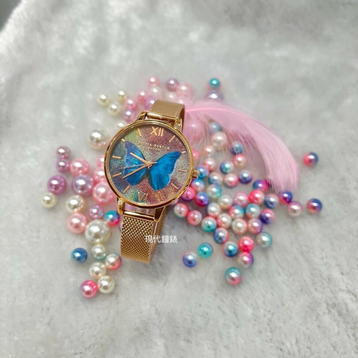 【OLIVIA BURTON】玫瑰金閃耀藍母貝蝴蝶米蘭帶腕錶 OB16MB35 34mm 現代鐘錶
