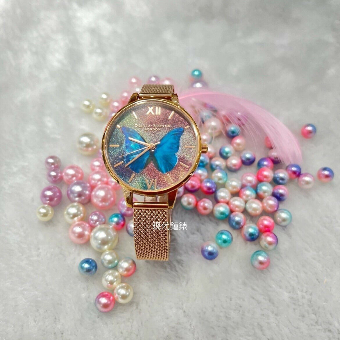 【OLIVIA BURTON】玫瑰金閃耀藍母貝蝴蝶米蘭帶腕錶 OB16MB35 34mm 現代鐘錶