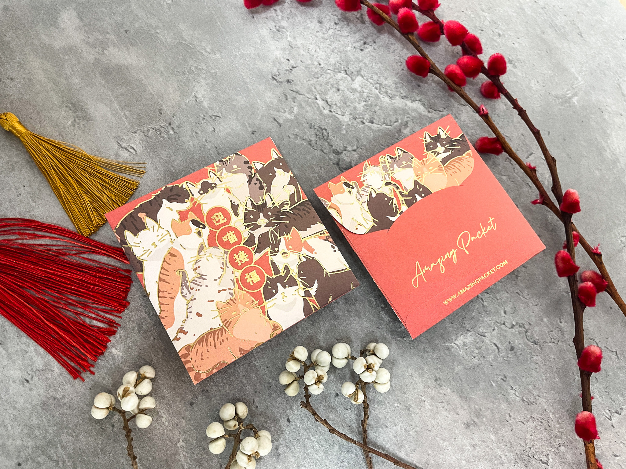 貓-橙色迎貓接福丨利是廊 香港利是封