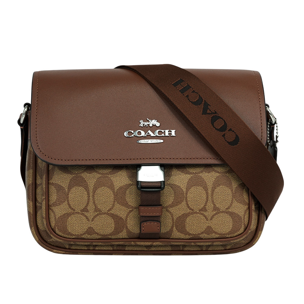 【COACH】Pace 銀字塗層帆布及牛皮釦式郵差包/斜背包(卡其/焦糖色)CR131 SVWQ3