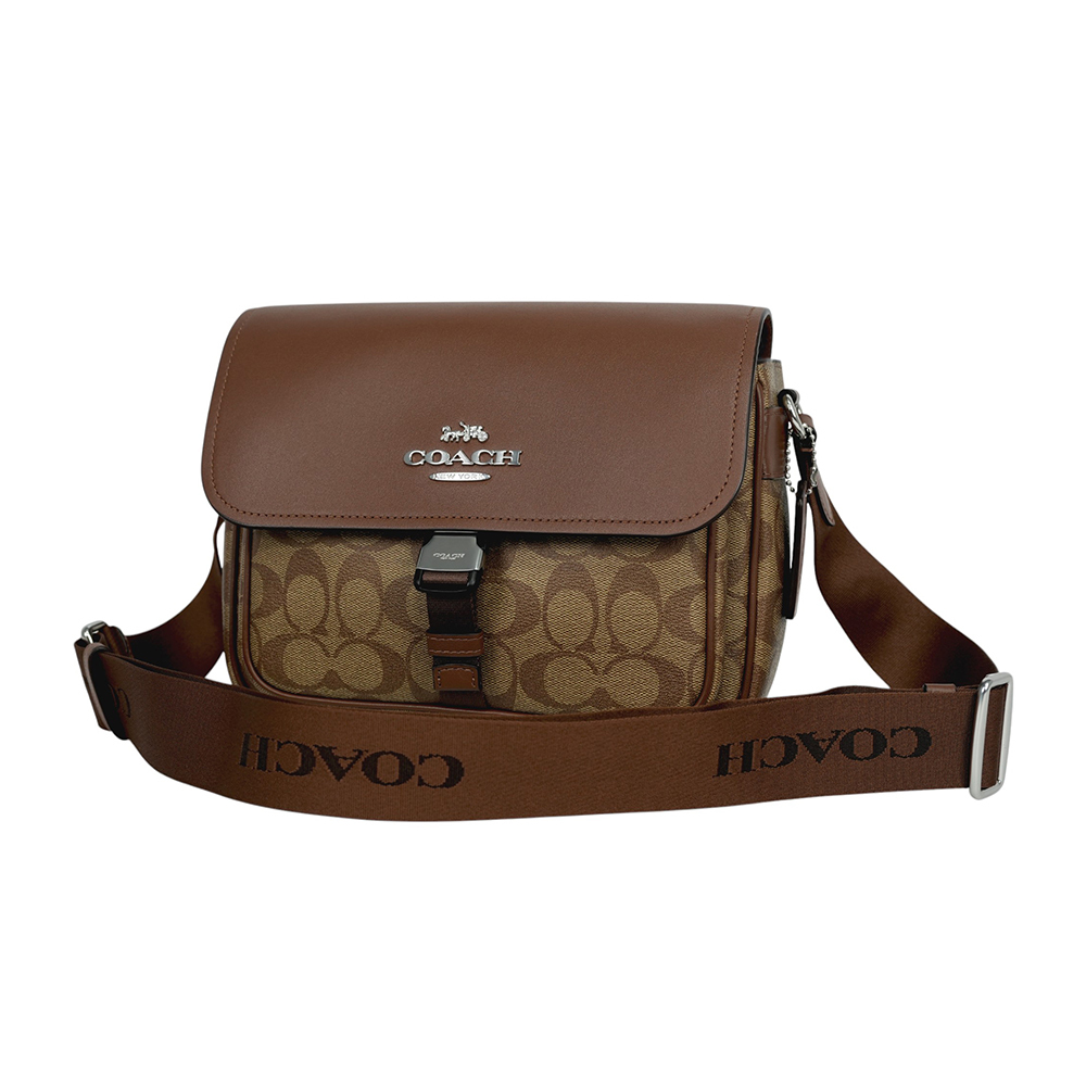 【COACH】Pace 銀字塗層帆布及牛皮釦式郵差包/斜背包(卡其/焦糖色)CR131 SVWQ3