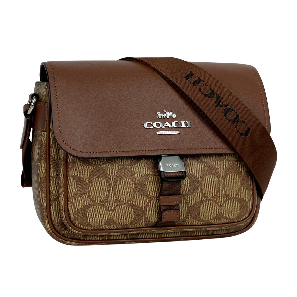 【COACH】Pace 銀字塗層帆布及牛皮釦式郵差包/斜背包(卡其/焦糖色)CR131 SVWQ3