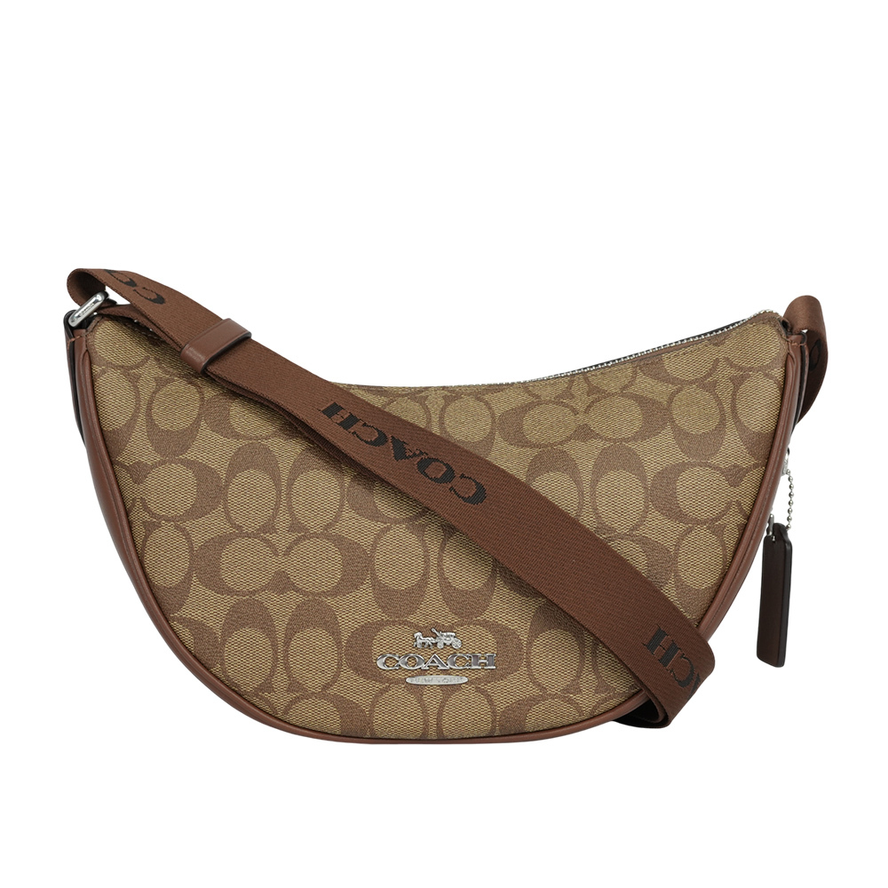 【COACH】Pace 銀字塗層帆布及牛皮半月型斜背包(卡其/焦糖色)CT643 SVWQ3