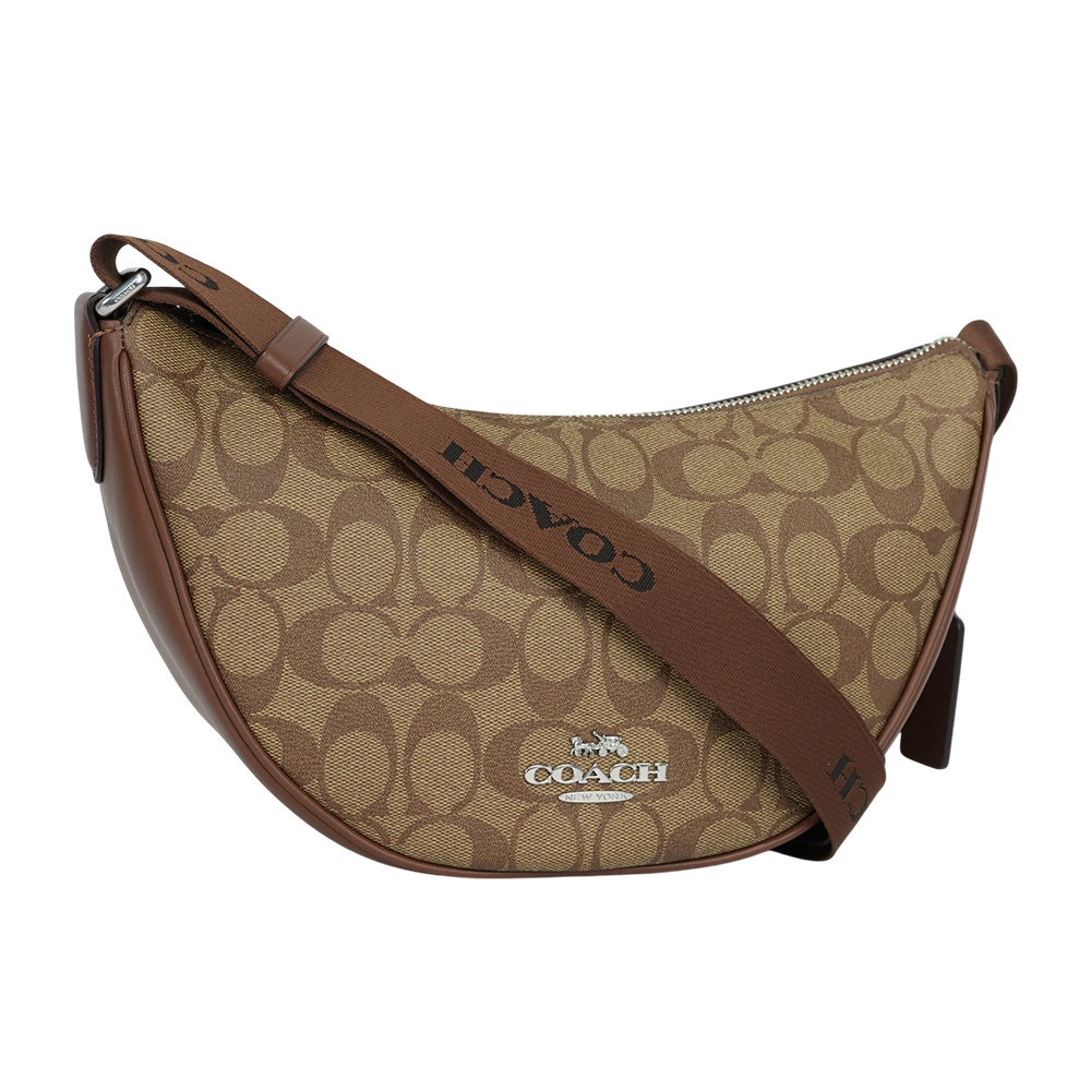 【COACH】Pace 銀字塗層帆布及牛皮半月型斜背包(卡其/焦糖色)CT643 SVWQ3