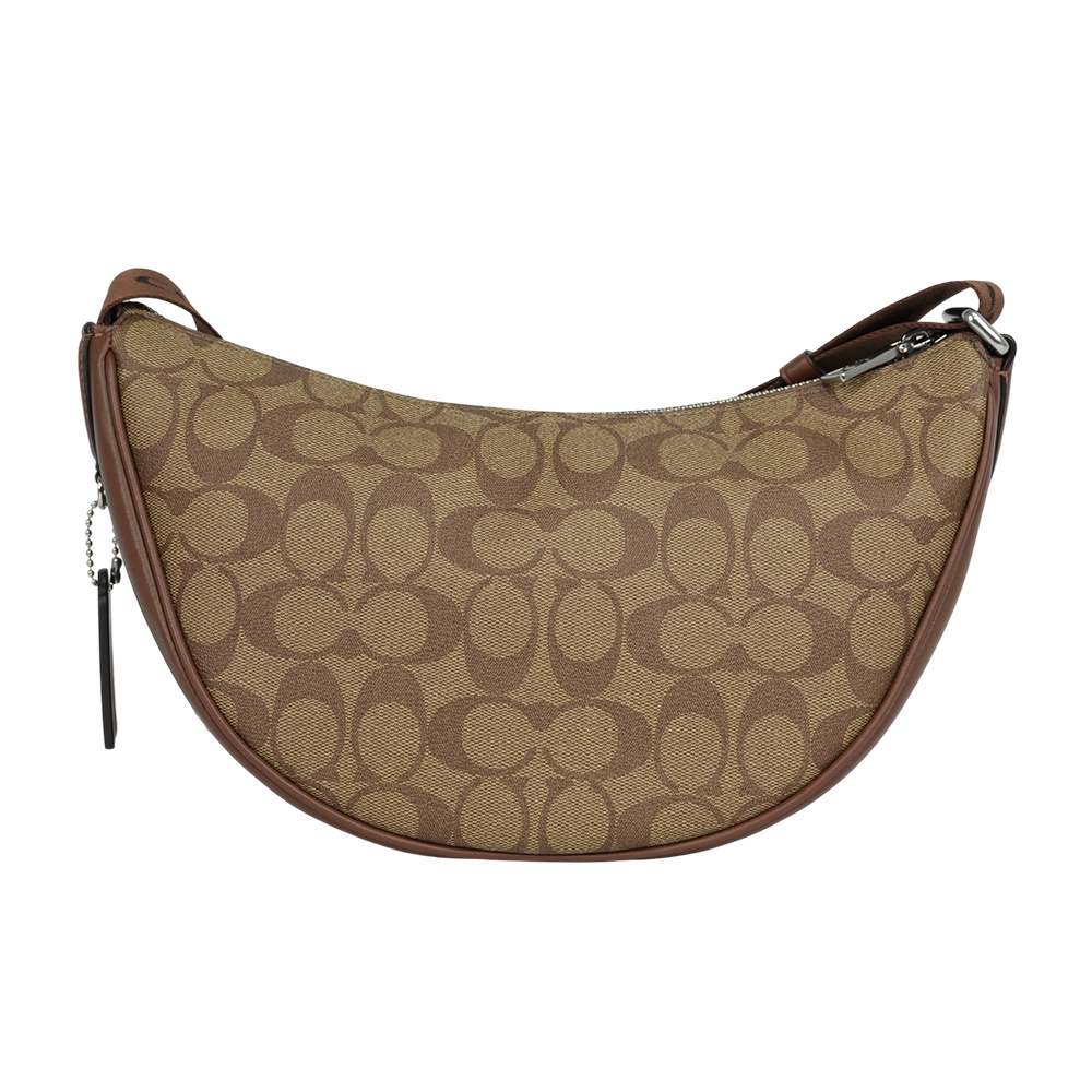 【COACH】Pace 銀字塗層帆布及牛皮半月型斜背包(卡其/焦糖色)CT643 SVWQ3