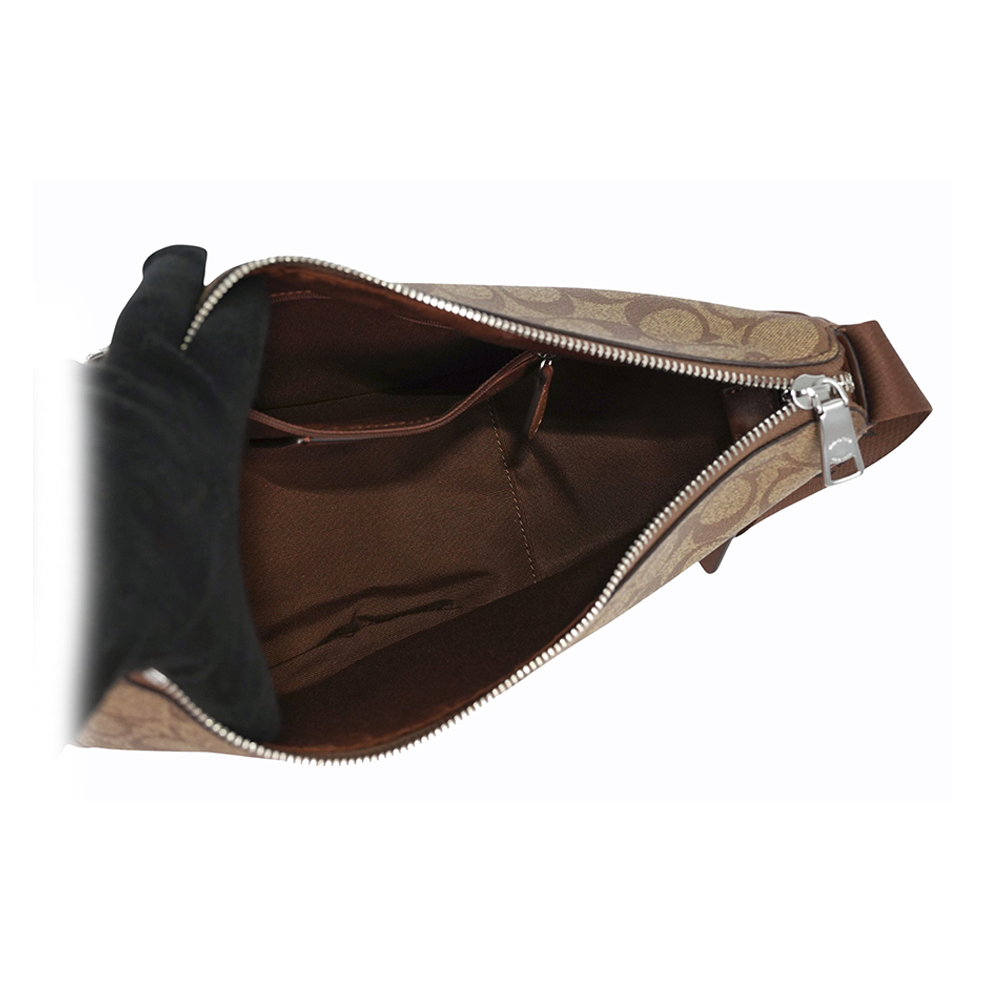 【COACH】Pace 銀字塗層帆布及牛皮半月型斜背包(卡其/焦糖色)CT643 SVWQ3