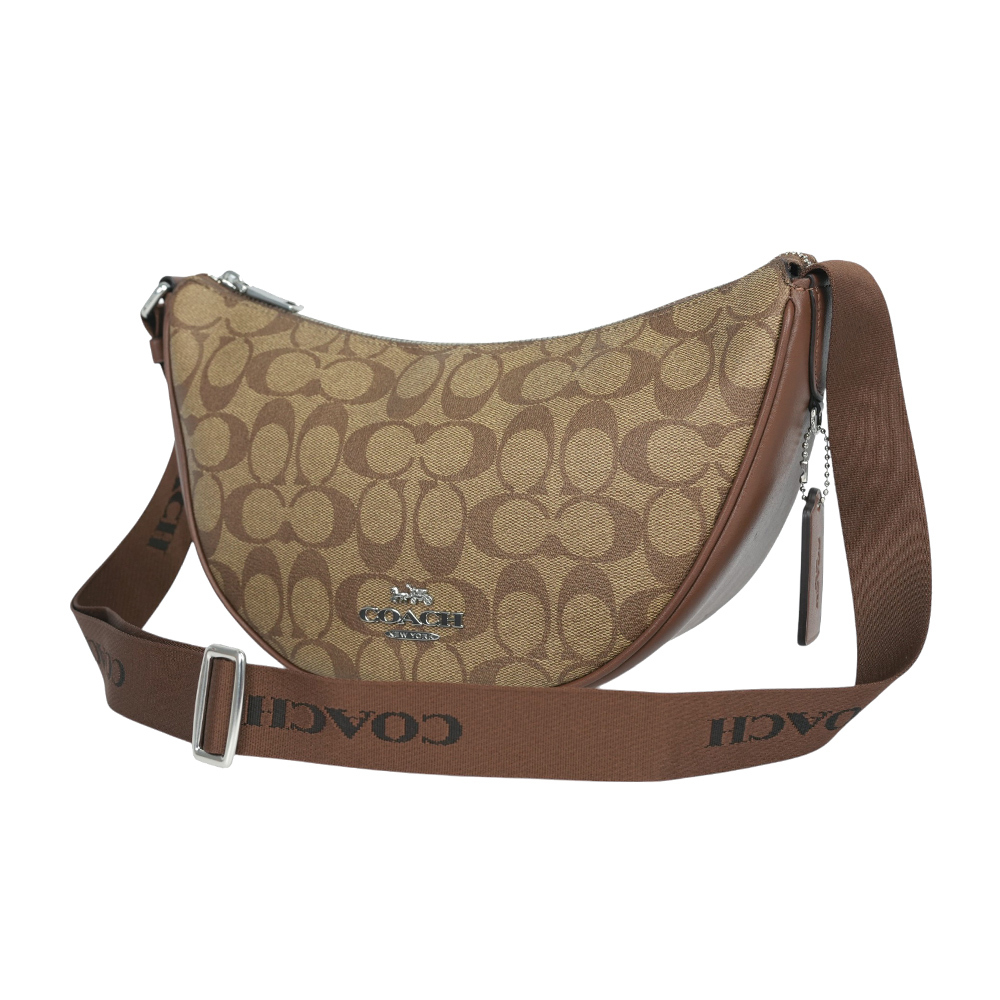 【COACH】Pace 銀字塗層帆布及牛皮半月型斜背包(卡其/焦糖色)CT643 SVWQ3