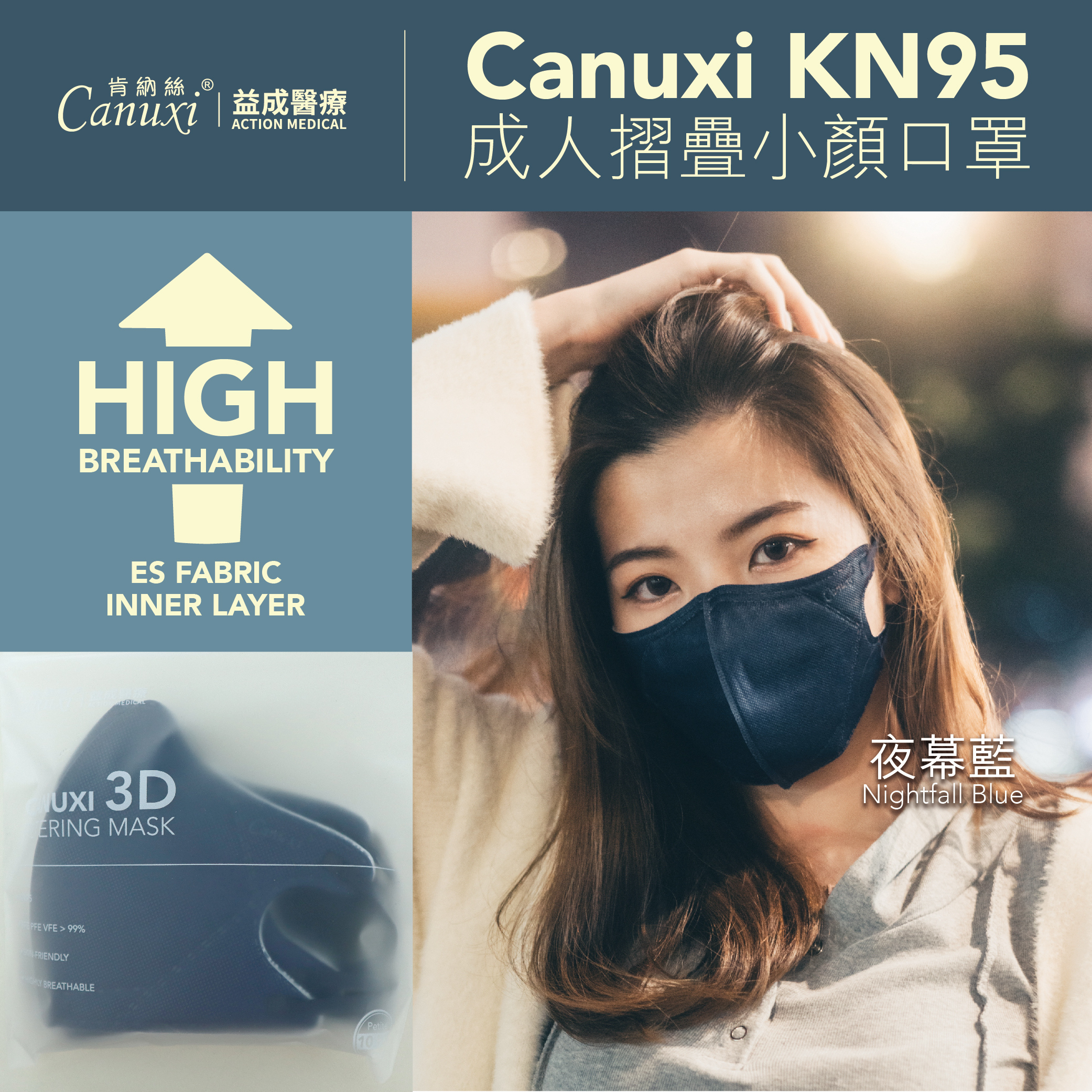 【ES底布】Canuxi KN95 成人摺疊小顏口罩 (10片/包) - 夜幕藍