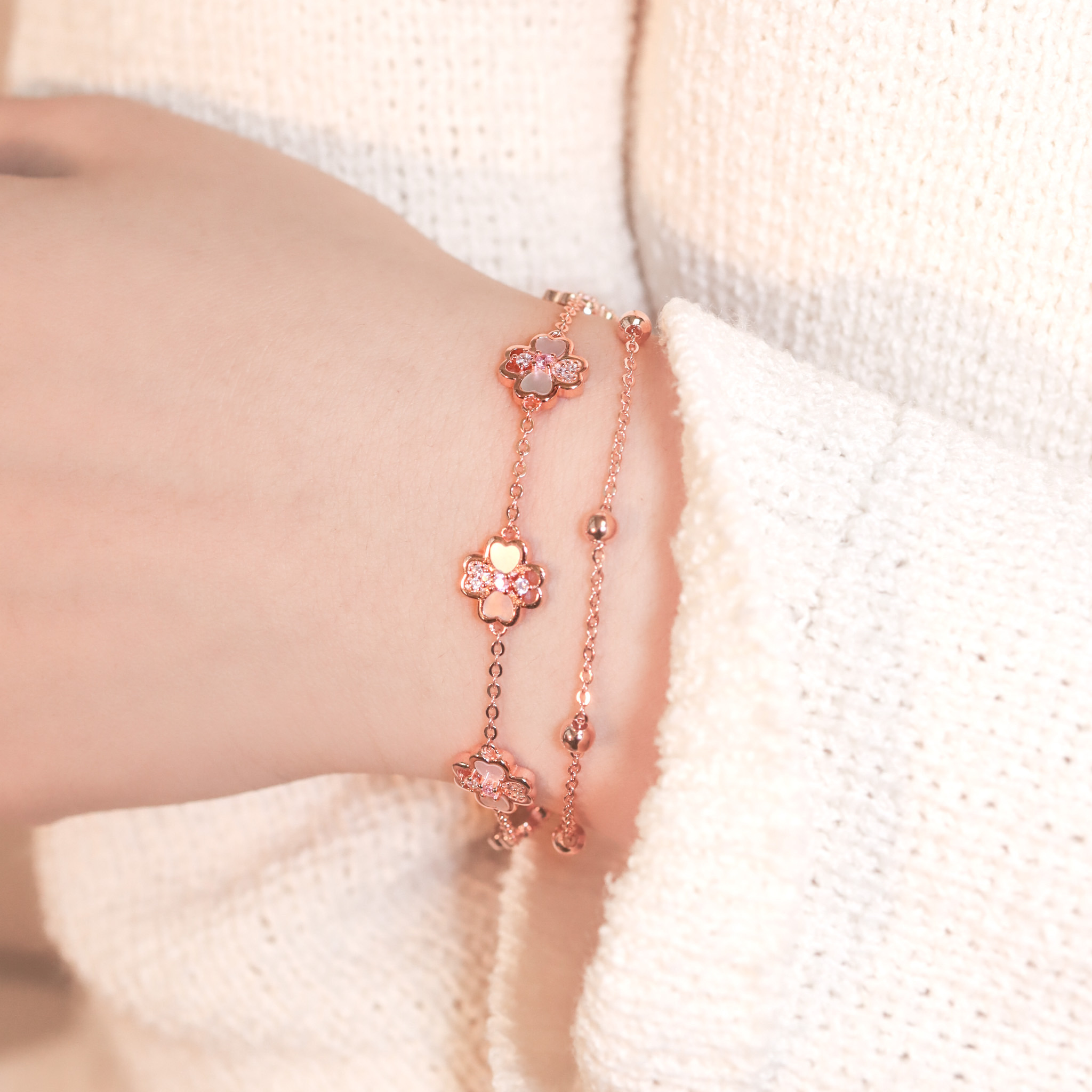 | 925純銀・厚鍍白金・厚鍍玫瑰金 | 凝聚幸福雙層手鏈(銀/玫瑰金) | BR1171 |