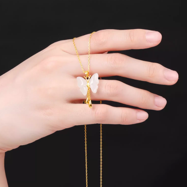 White Jade Gold Butterfly Pendant Necklace