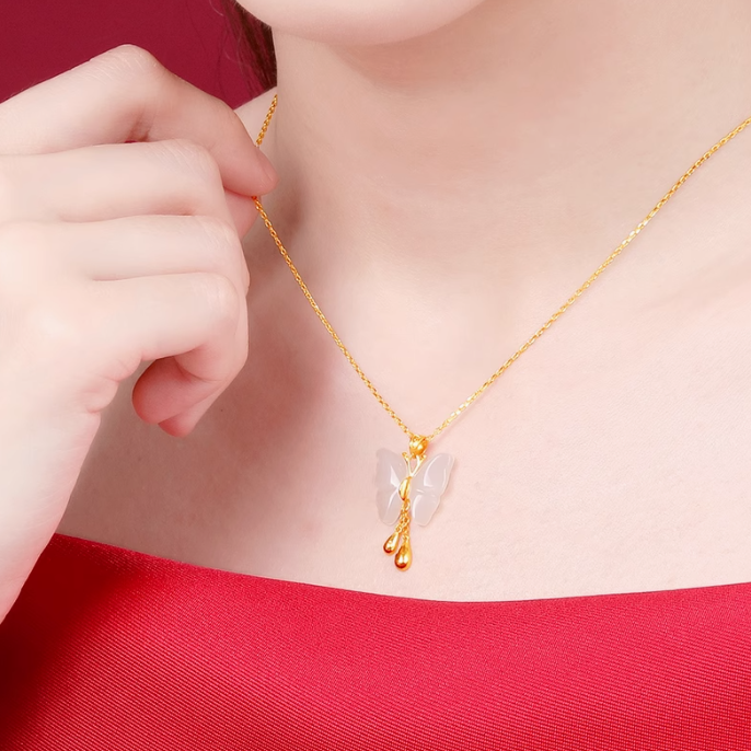 White Jade Gold Butterfly Pendant Necklace