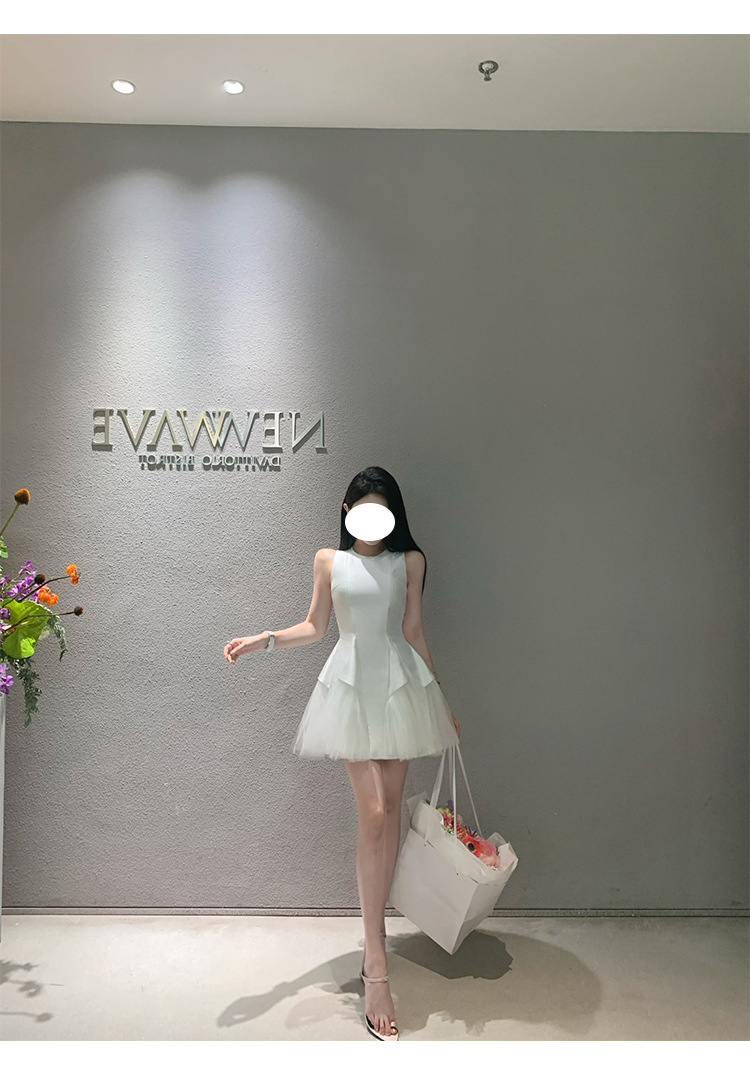 純慾小公主 網紗拼接收腰小洋裝(白/黑)