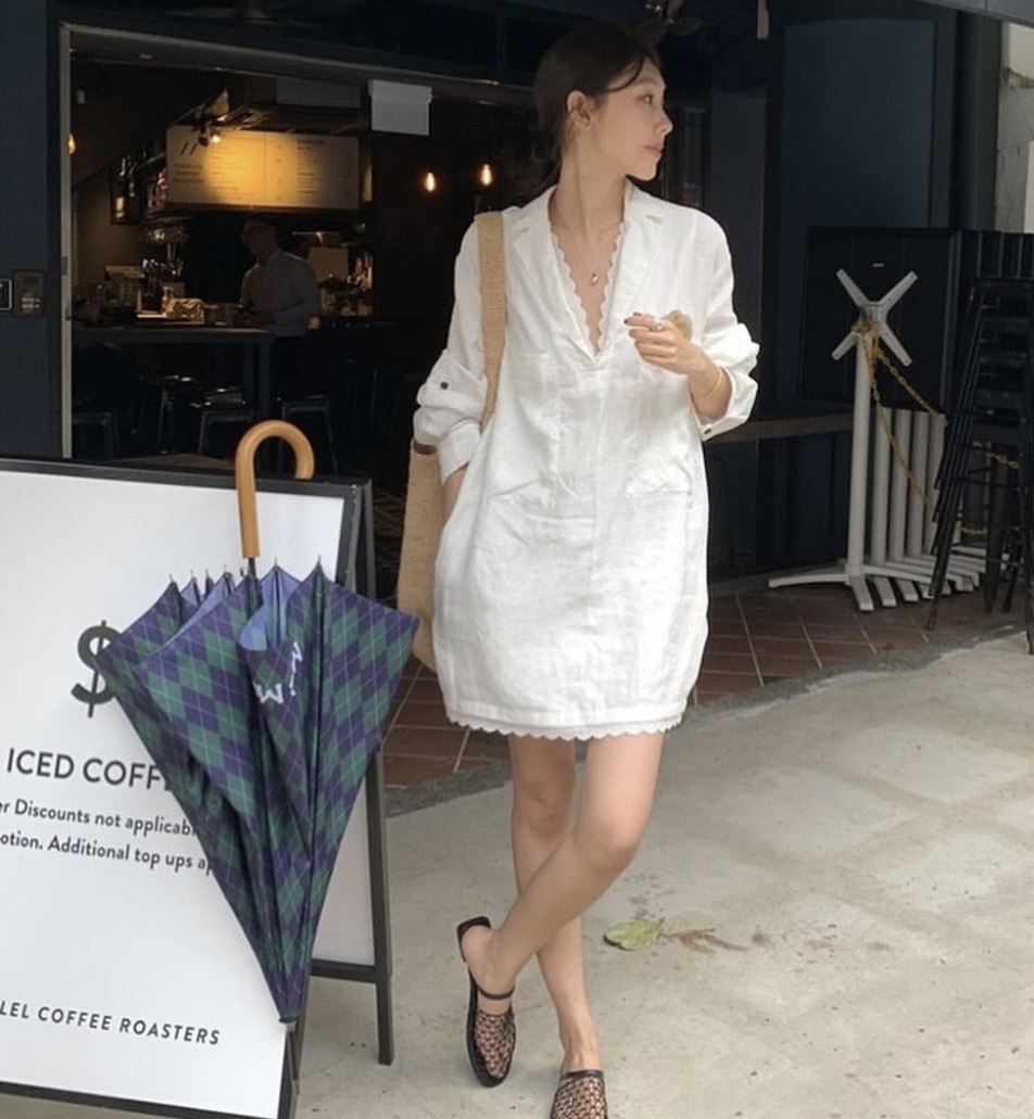 韓國設計款 西裝領蕾絲花邊襯衫洋裝(白/粉/藍)