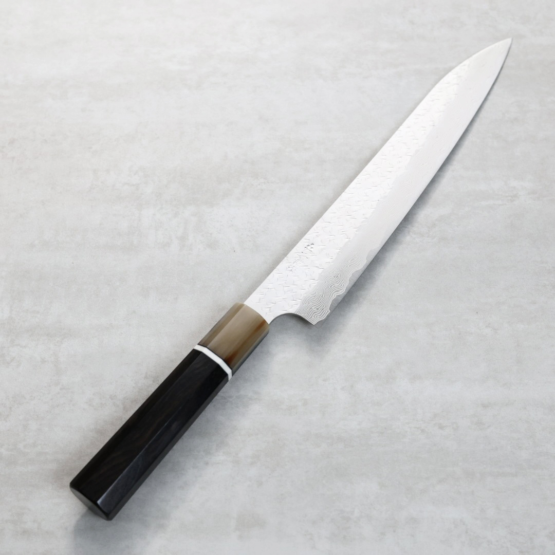 二唐刃物 筋引 240mm SG Strix粉末HSS鋼 鎚目大馬士革