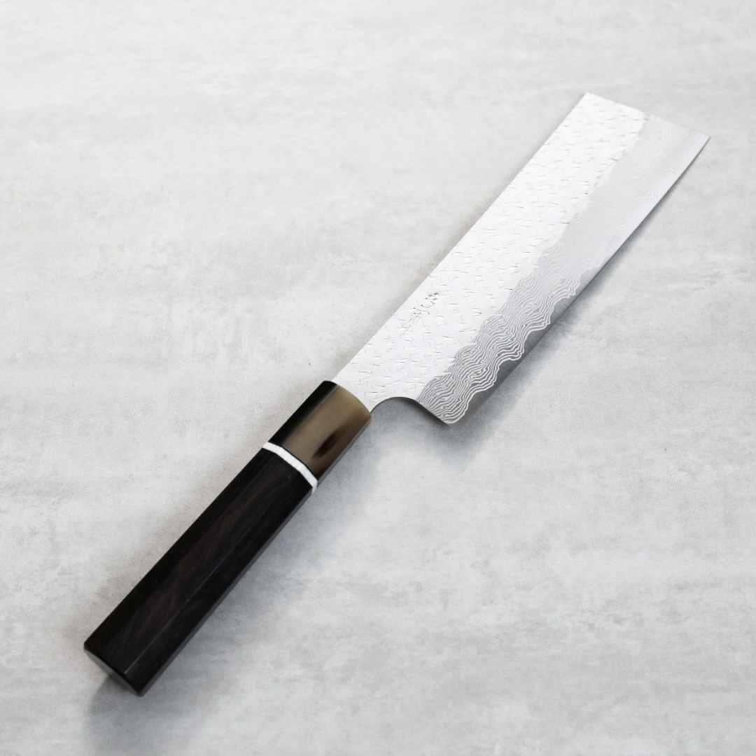 二唐刃物 菜切 180mm SG Strix粉末HSS鋼 鎚目大馬士革