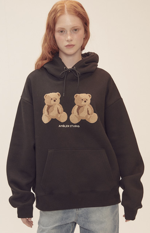 韓國連線🇰🇷 Ambler 大雙熊長袖帽T 連帽 長袖 帽T 寬鬆 秋冬 黑色 酒紅色/預購