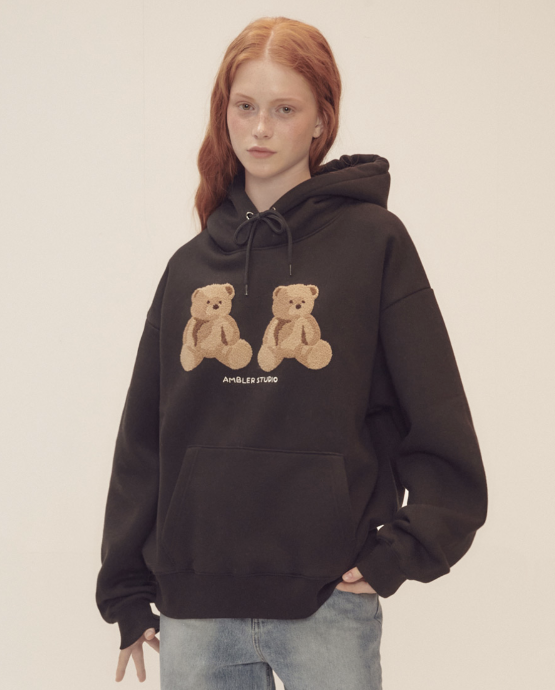 韓國連線🇰🇷 Ambler 大雙熊長袖帽T 連帽 長袖 帽T 寬鬆 秋冬 黑色 酒紅色/預購