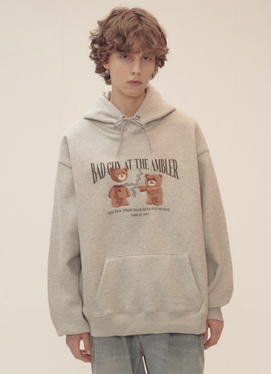 韓國連線🇰🇷 Ambler Bad Guy熊熊長袖帽T 連帽 長袖 寬鬆 帽T 秋冬 灰色 黑色/預購